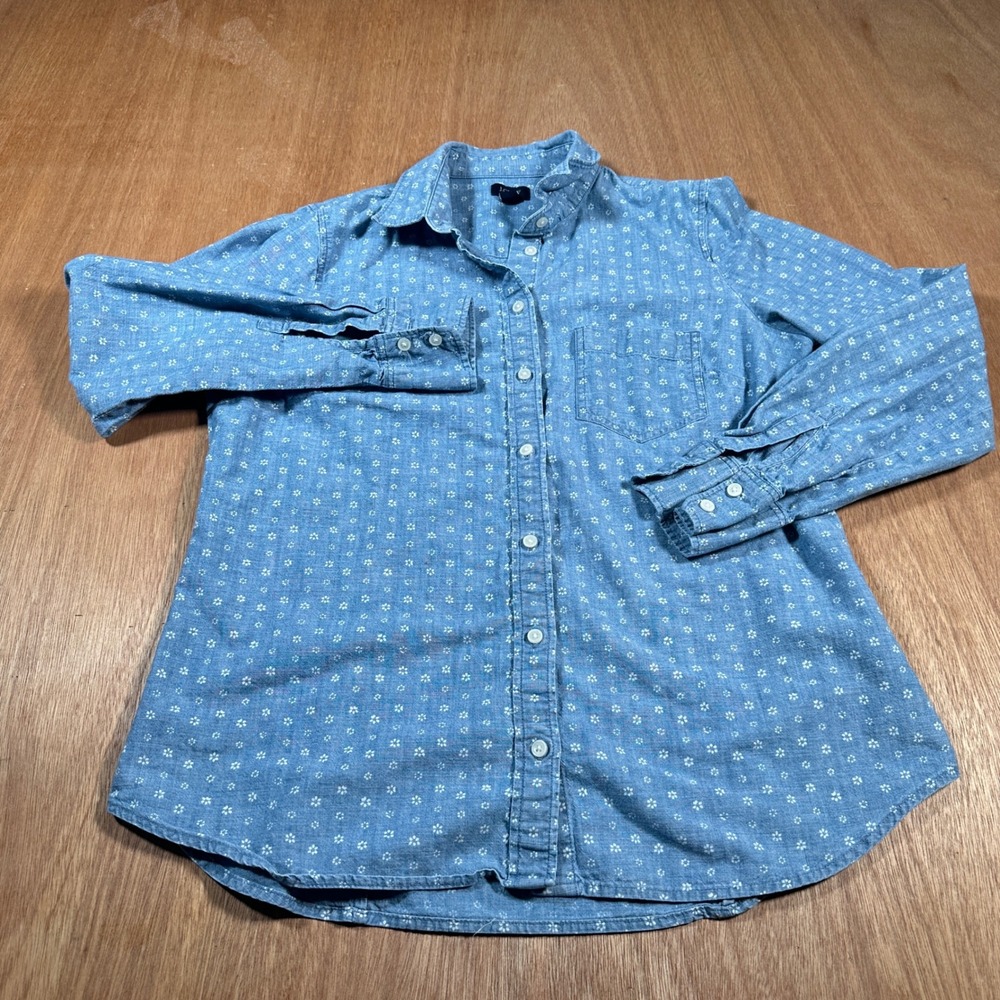 J.Crew Button Down Shirt Womens Medium Blue Floral Chambray Long Sleeve Cotton